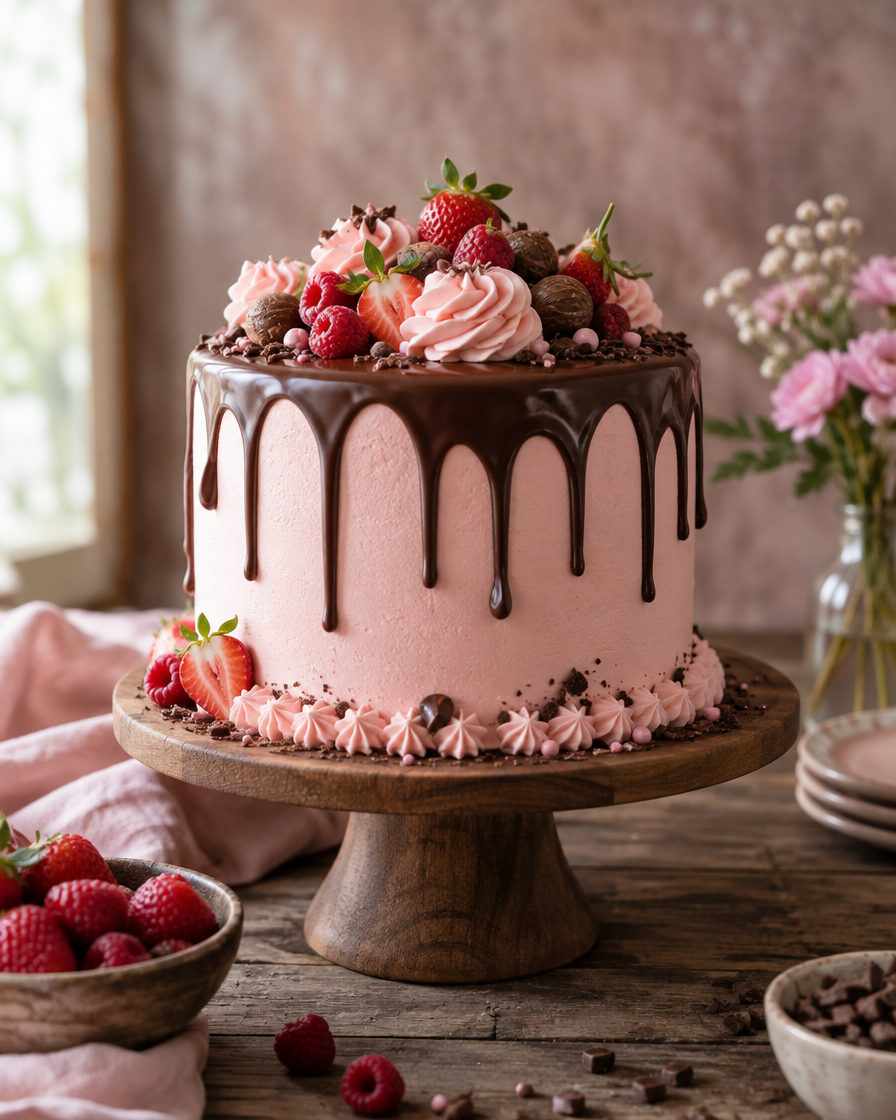 Bolo de aniversário decorado com cobertura rosa e chocolate