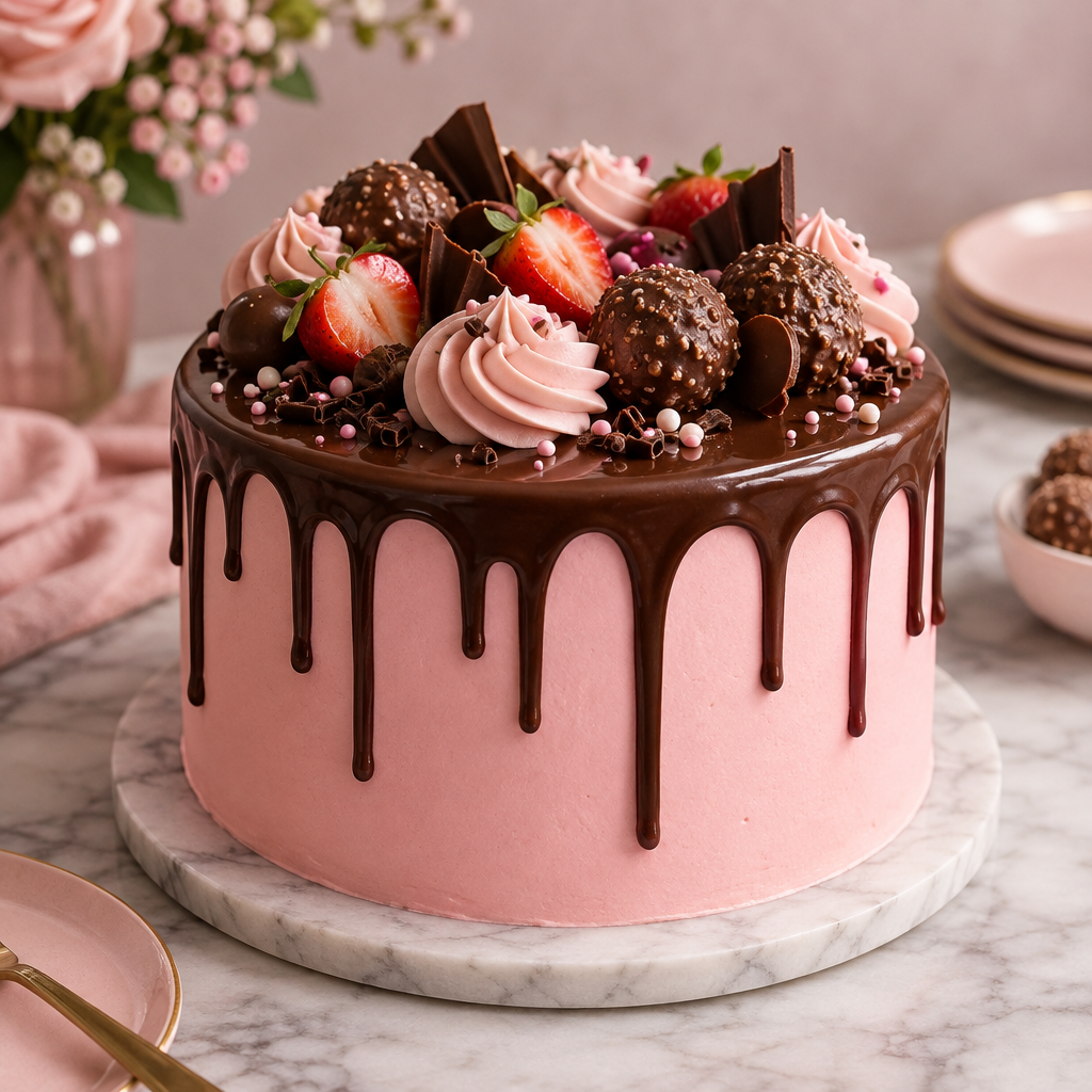 Bolo de aniversário com cobertura rosa e chocolate