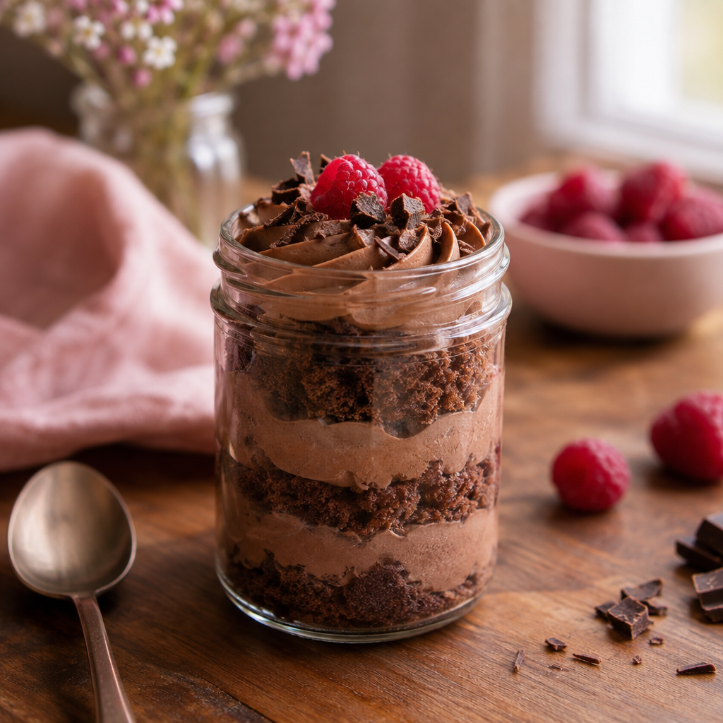 Bolo no pote em camadas com creme de chocolate